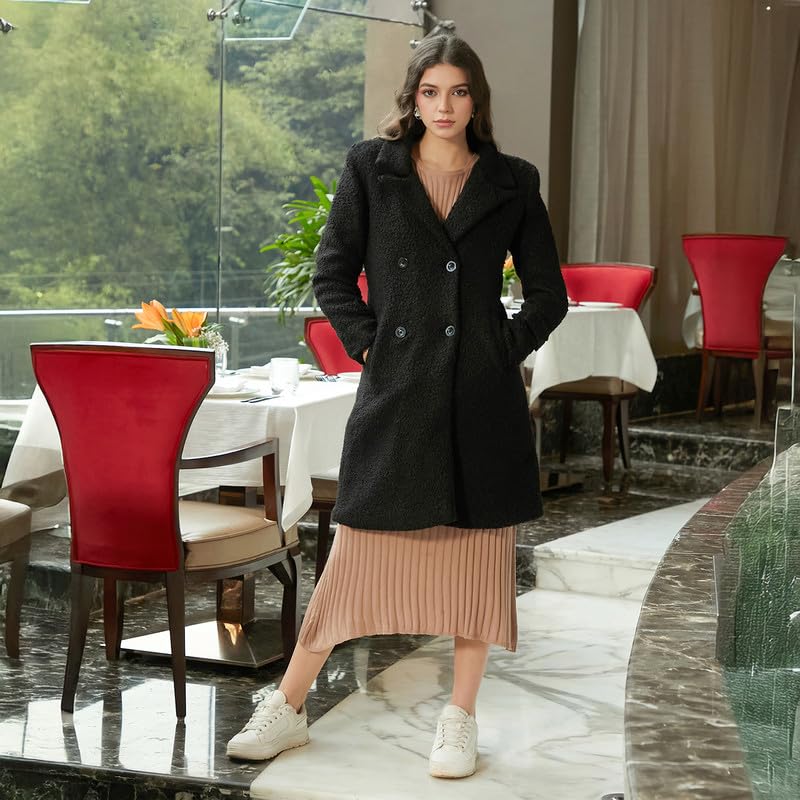Image of Campus Sutra Women's Double-Breasted Fleece Long Coat For Casual Wear | Lapel Collar | Long Sleeve | Button Closure | Coat Crafted With Comfort Fit For Everyday Wear