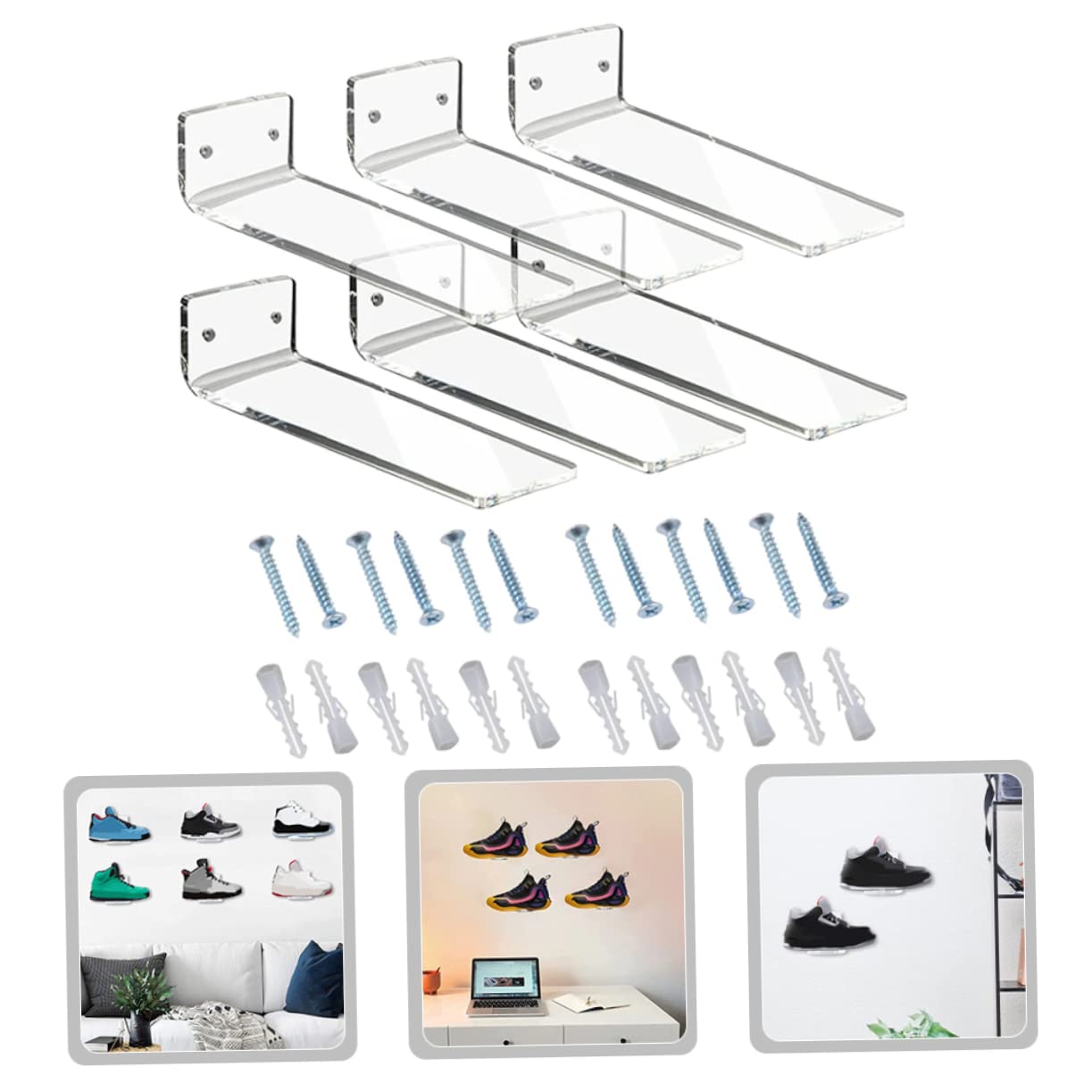 BIUDECO Floating Shoe Shelves 6 Pack Acrylic Shoe Racks Wall-Mounted Display Racks for Sneakers Space-Saving Storage