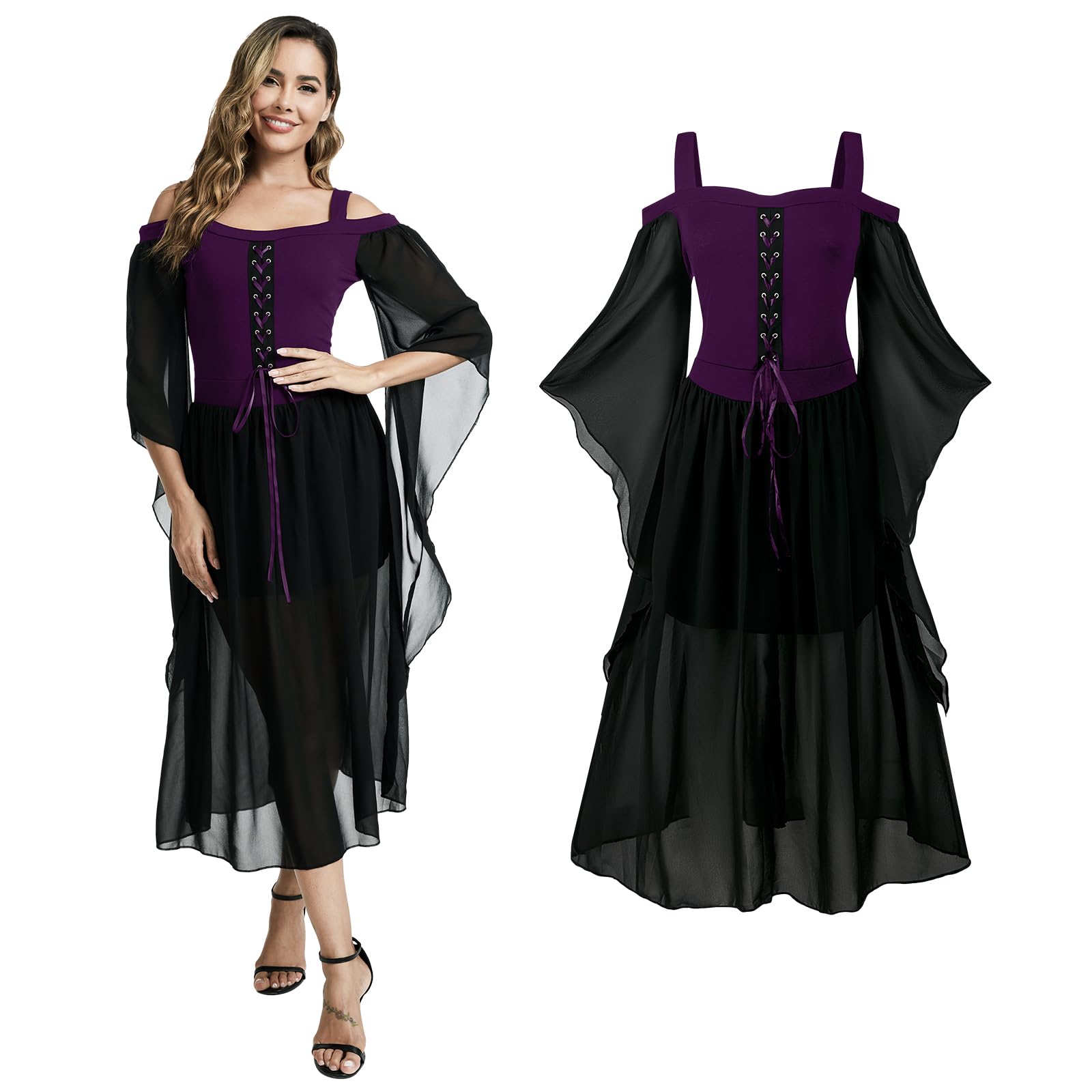 AFJIODUV Medieval Dress Women, Renaissance Black Medieval Dress with Trumpet Sleeves, Gothic Halloween Costumes for Women for Carnival, Halloween, Party (Purple, 2XL)