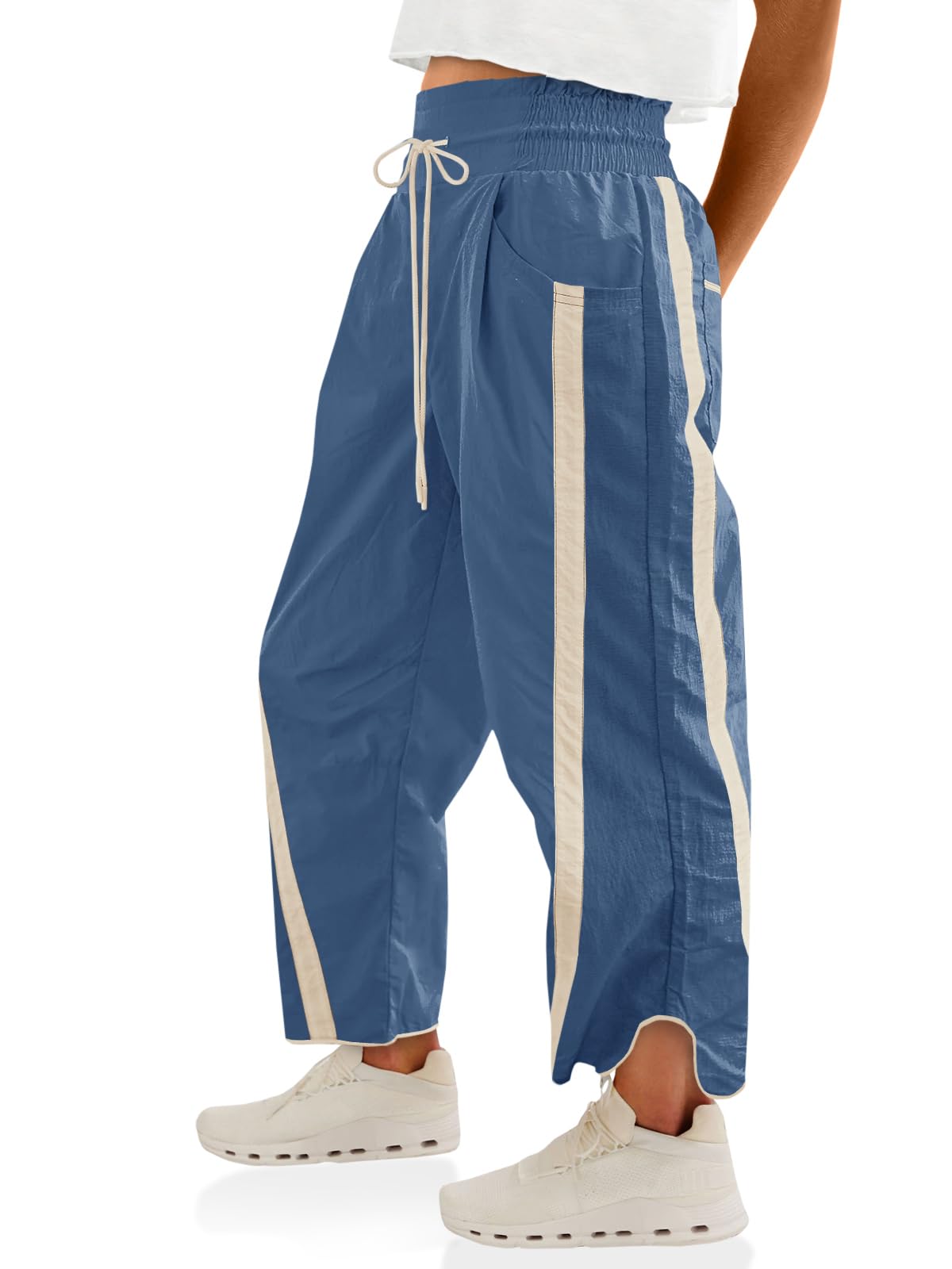 Fisoew Women's Baggy Wide Leg Pants Casual Drawstring Elastic Waisted Contrast Color Workout Y2K Track Pants Blue Small