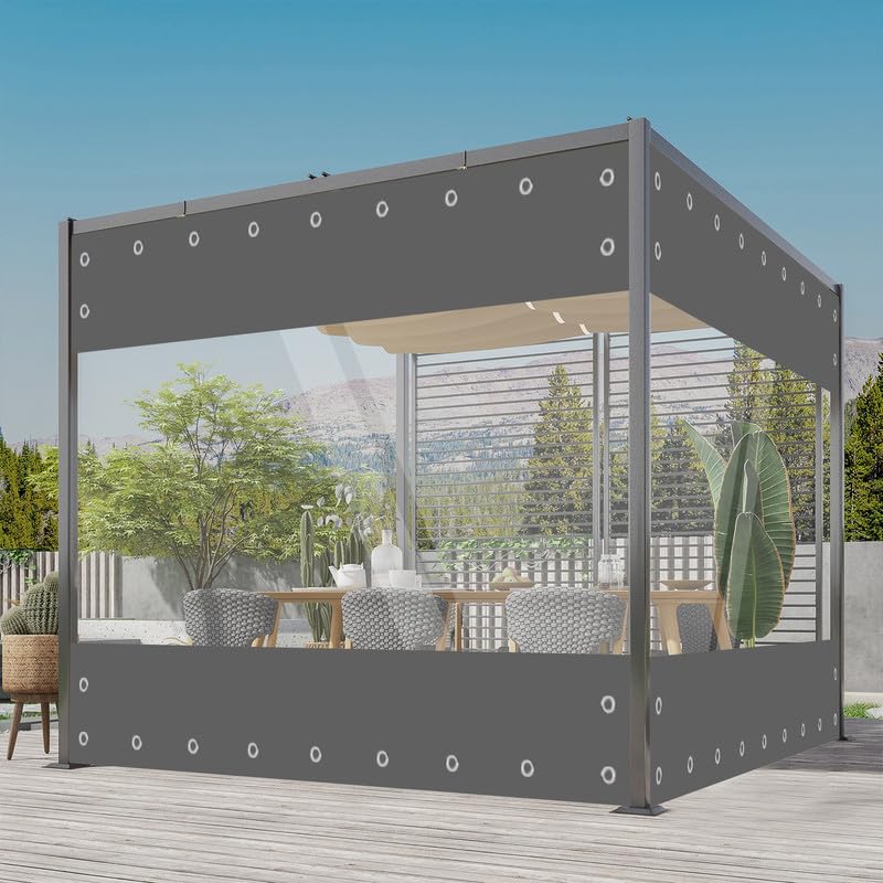 Transparente Plane mit ösen Wasserdicht 420g/m² PVC Abdeckplane Gewebeplane Windschutz Regenschutz für Garten Pavillon Terrassen Balkon Gewächshäuser (Grau, Höhe 2.1m x Breite 3m)