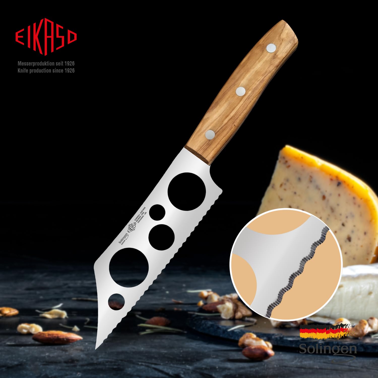 EIKASO Solingen Germany Käsemesser mit Wellenschliff - 14cm Klinge aus Molybdänstahl 1.4116 Weichkäsemesser geeignet für den perfekten und sauberen Schnitt (G-Line Olive)