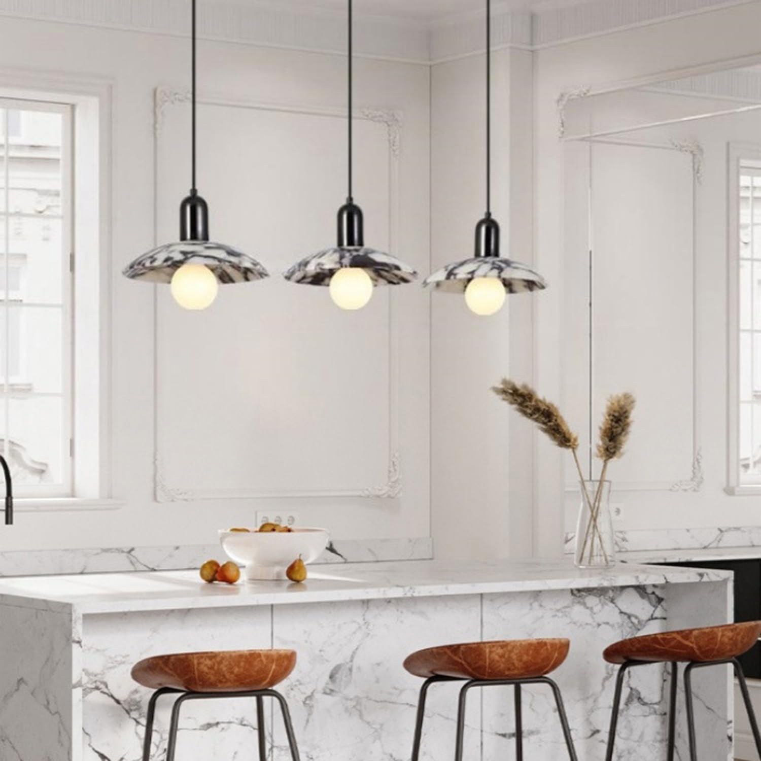 Lampada a sospensione con decorazione in metallo in marmo naturale