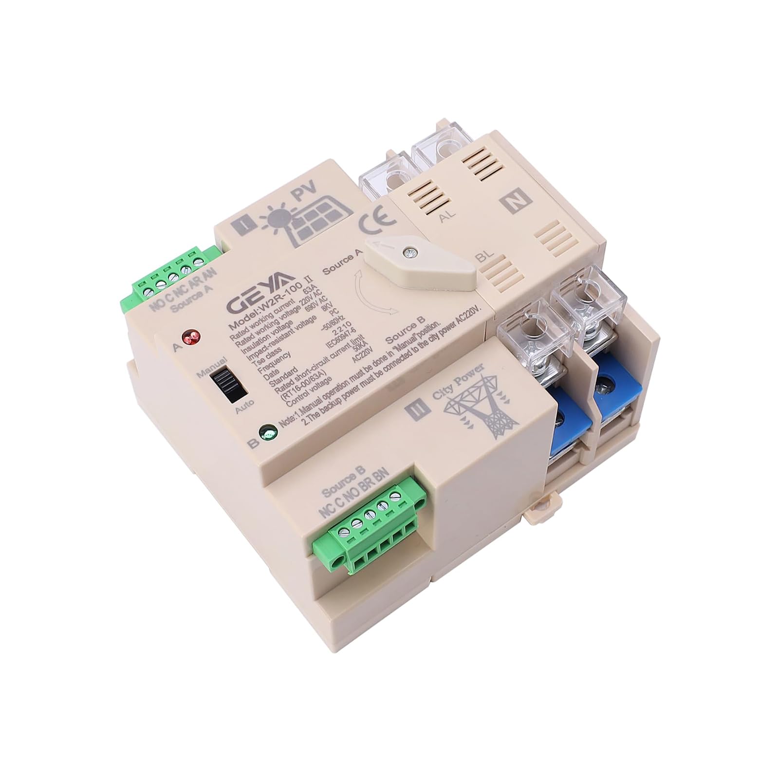 GEYA Commutateur de transfert automatique d’énergie solaire sur réseau rail de guidage 2P 63A 220VAC De l’alimentation du système photovoltaïque à l’énergie de la ville (ATS-2P-63A-220V-SOLAIRE)