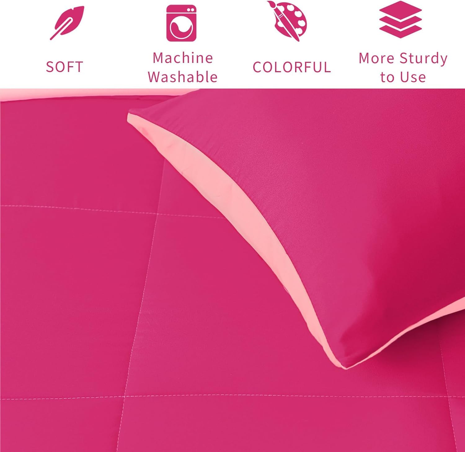 Exclusivo Mezcla Lightweight Reversible King Size Comforter Set, Down Alternative Comforter with 2 Pillow Sham, King Size Bedding Set for All Seasons, Hot Pink/Bright Pink - Image 6