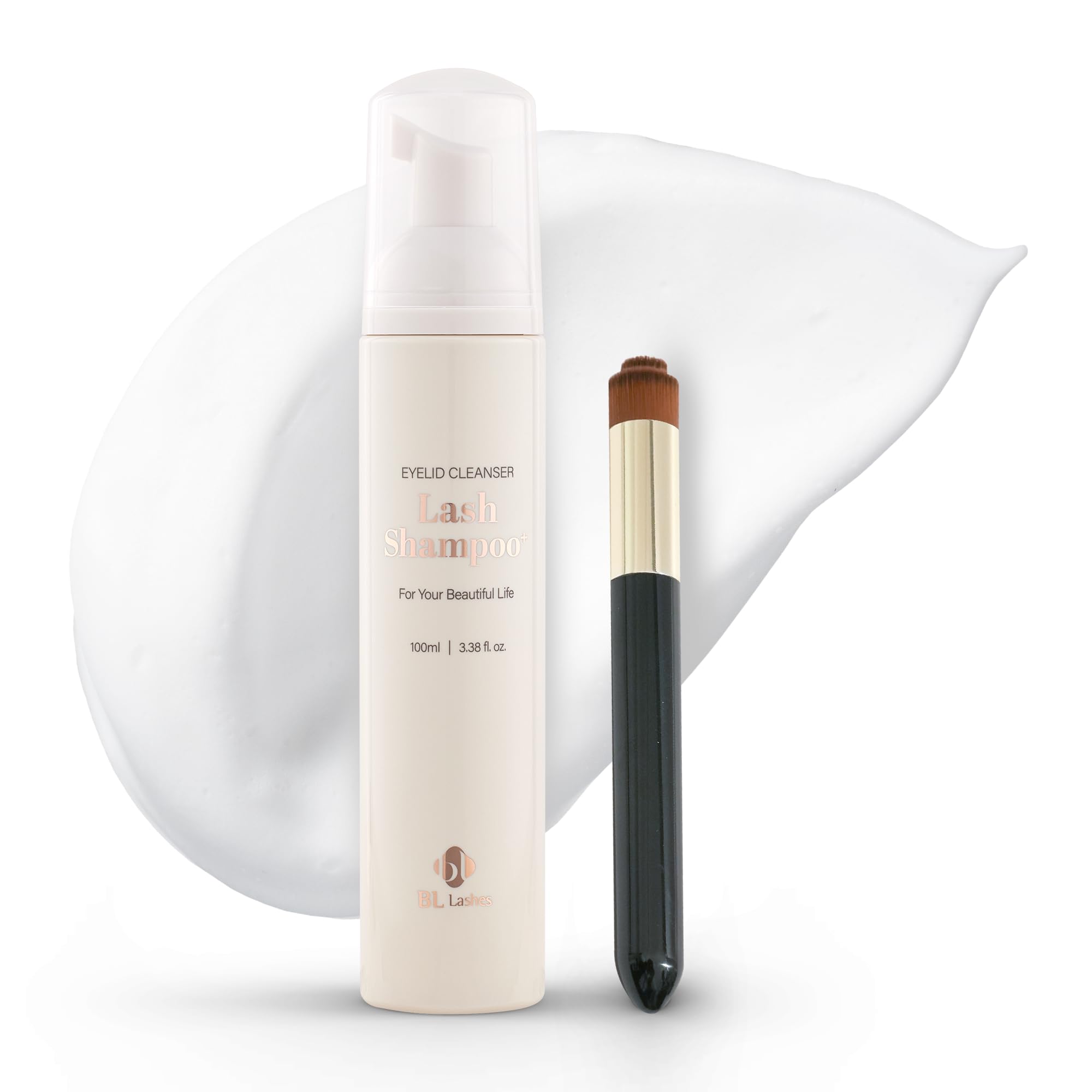 BL Lashes Lash Extensions Shampoo + Brush | 3.38 fl.oz, 100ml | Oil-Free Eyelash Cleanser & Foaming Eyelid Wash | Gentle Makeup Remover for Sensitive