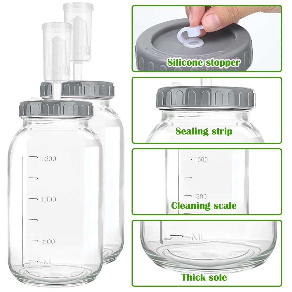 FARYODI Barattolo per fermentazione da 64 oz/1,9 l, 2 pezzi, contenitore Kimchi con chiusura d'aria per la fermentazione Kimchi, crauti, lievitazione naturale, vetro per fermentazione kefir con