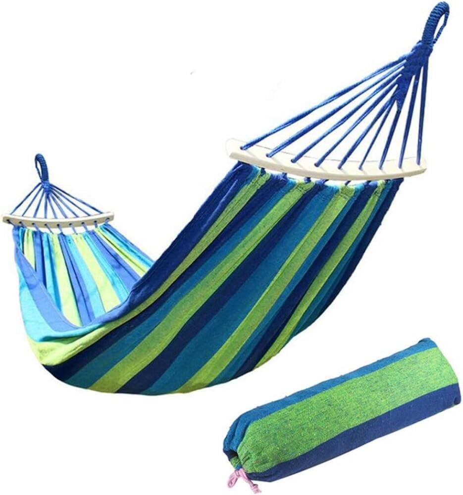Hamac en toile avec barre d'écartement, hamac de jardin portable avec sac de transport, 190 x 100 cm, hamac en toile respirante à rayures pour terrasse, cour, extérieur, très résistant, 200 kg