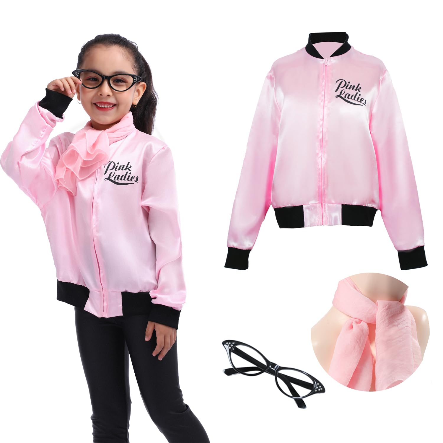 Leadtex 1950s Girls Party Pink Ladies Jacket Costume with Polka Dot Neck Scarfs and Pink Cat Eye Glasses(S)