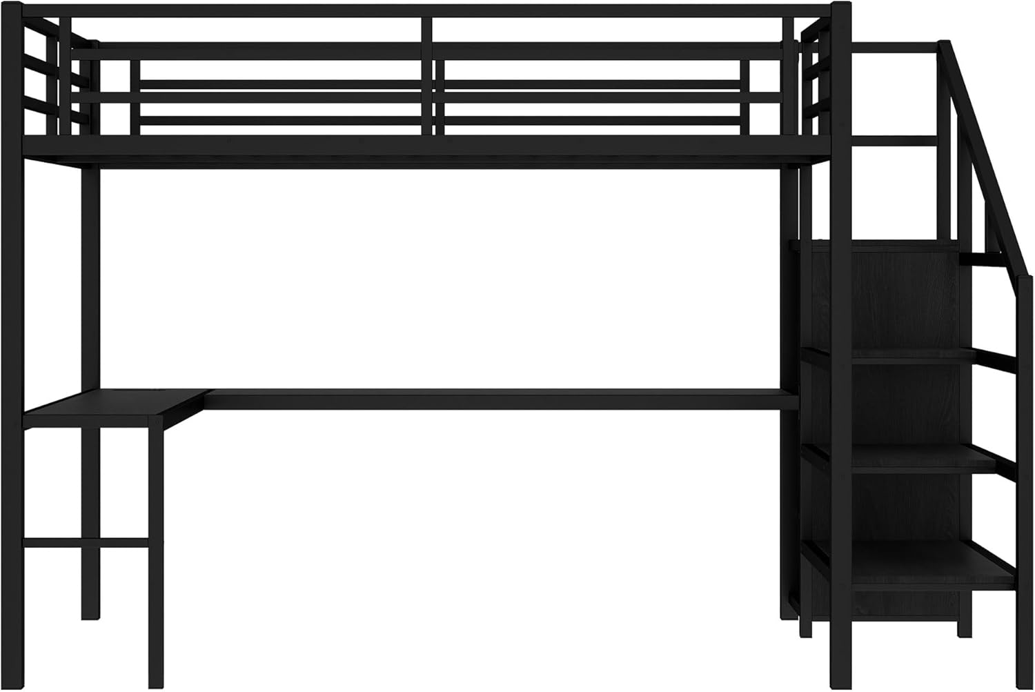 Full Size Loft Bed with Desk and Storage Stairs, Metal Loft Bed Frame with Multi-color LED Lights, Charging Station, and Hanging Rod, Heavy-duty Loftbed for Kids, Teens, Adults, Noise-free, Black