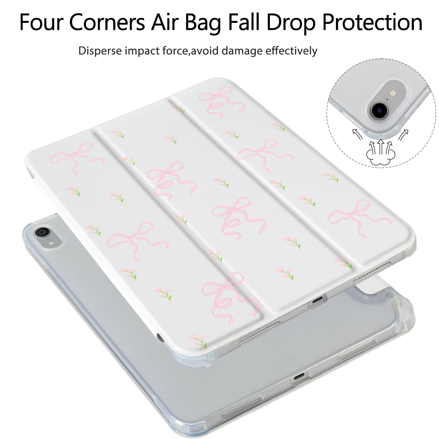 Różowa stokrotka etui z kokardą do iPada Air 33.0 cm M3 2025/M2 2024, [uchwyt na ołówki + automatyczne uśpienia/budzenie], smukłe, potrójnie składane etui ochronne z miękkim tyłem TPU, białe