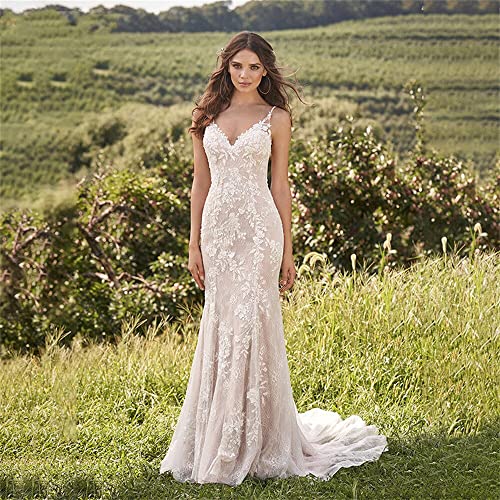 Mermaid Wedding Dresses for Bride 2025 Spaghetti Straps Lace Applique Long Bridal Gowns for Beach Wedding2