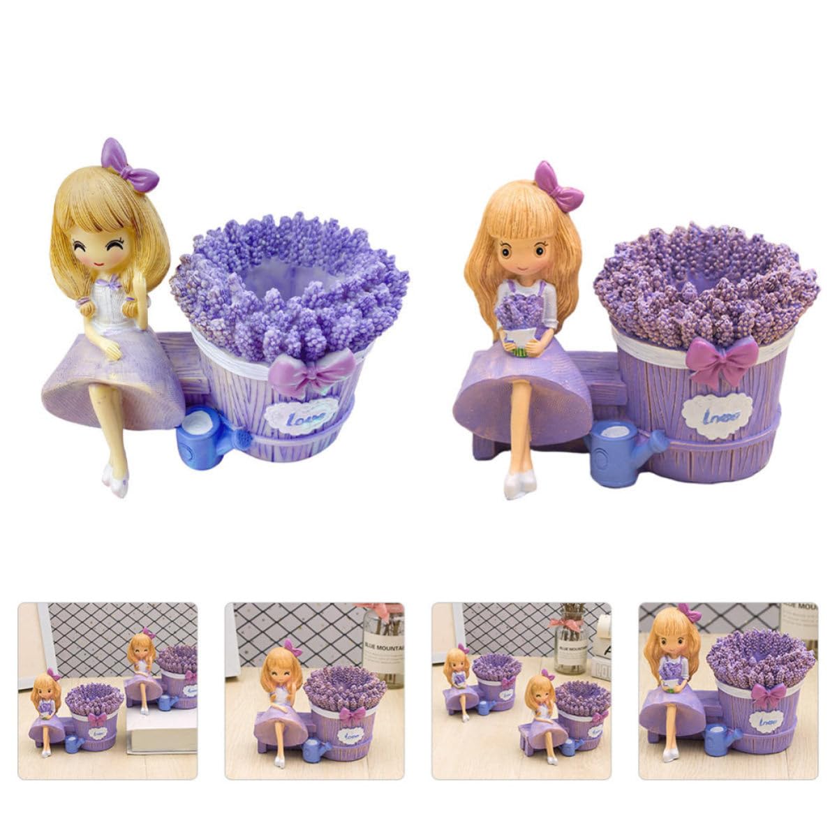 Set de 2 Portalápices de Resina Estilo Creativo Diseño de Niña Lavanda para Organizar Escritorio y Almacenar Pequeños Objetos