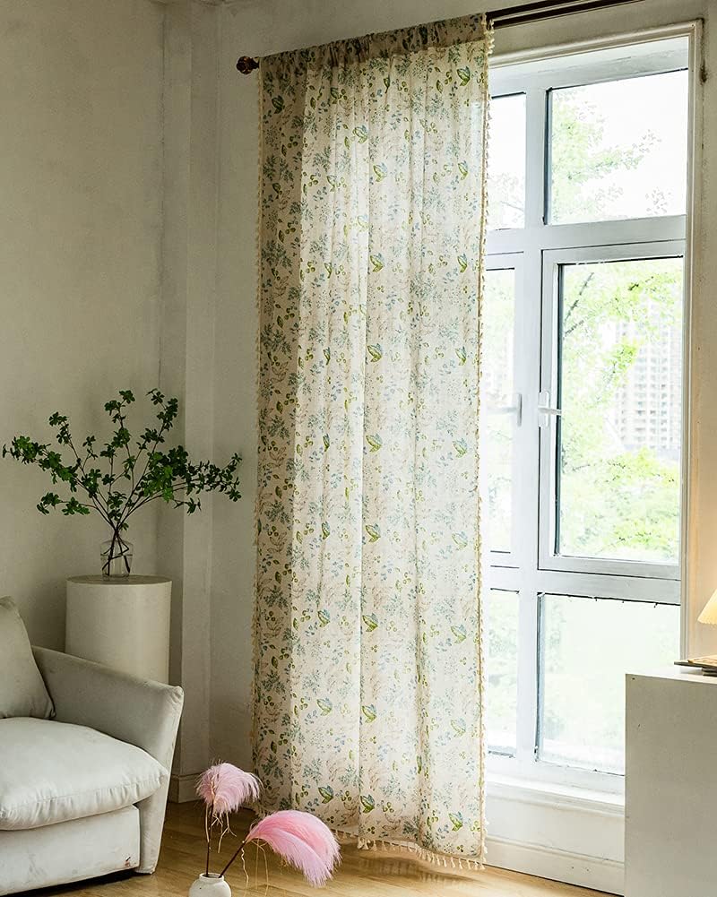 vctops Boho Leaf Print Window Curtains with Tassels Cotton Linen Botanical Pattern Semi-Blackout Curtain Panels Rod Pocket Window Drapes for Bedroom Living Room (Leaf,59"x71")