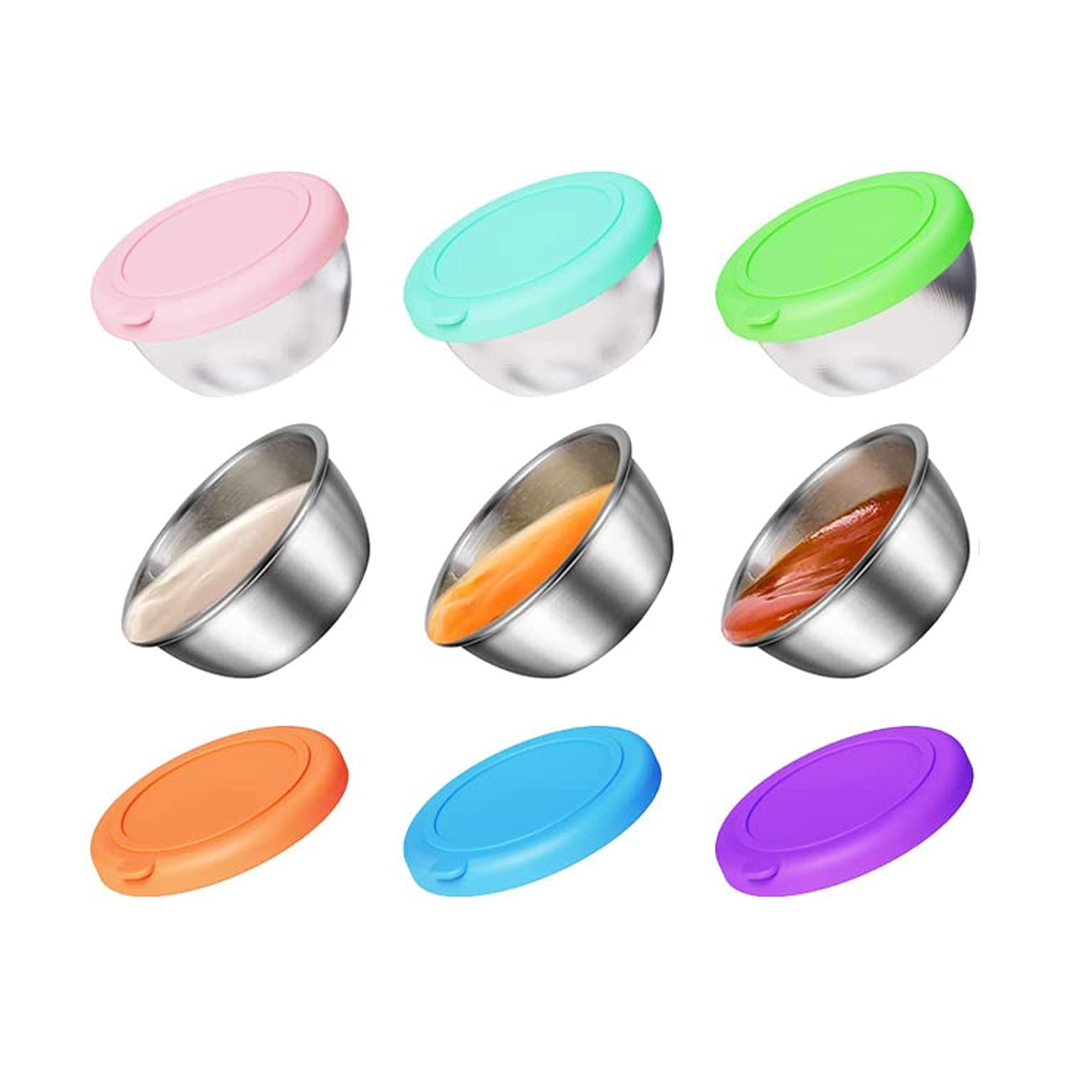 Coolchic 6 Pack Sauce Cups Containers, Coolchic 6 x 3.5cm Reusable Condiment Containers, Stainless Steel Salad Dressing Container, Leakproof Silicone Lids for Lunch Bento Box, Picnic and Travel