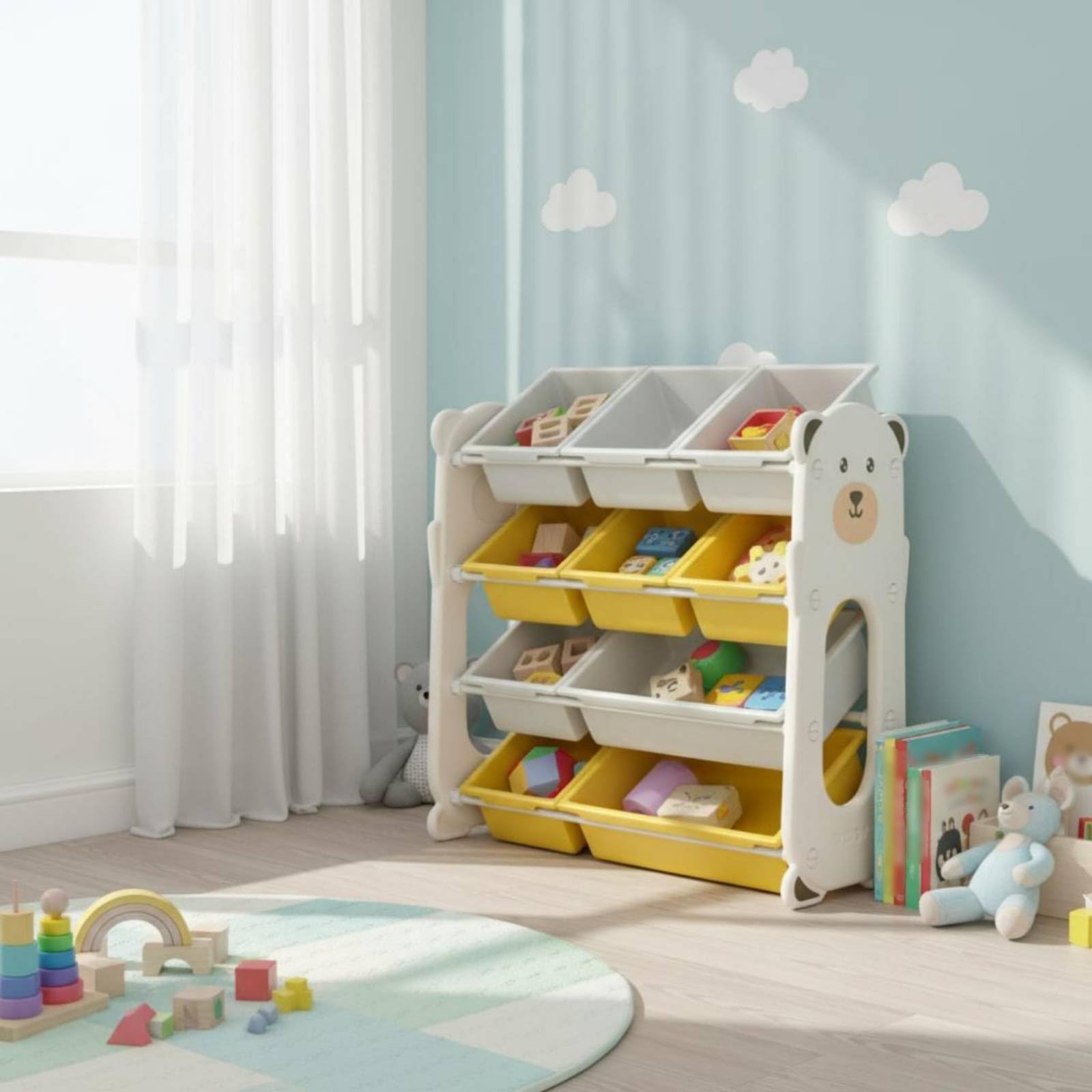 Baoblaze Estantería Infantil de Almacenamiento con Cubetas Anguladas Organizador de Juguetes Estantería para Niños Mueble de Almacenaje Material Marco de Acero, Gris
