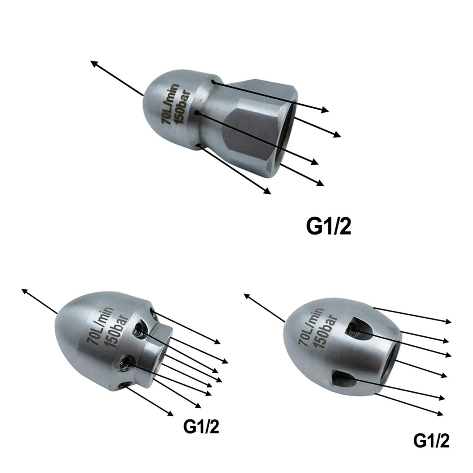 Ugello a getto ad alta pressione in acciaio inossidabile G1/2" Accessori for dragaggio fognario for testa di pulizia for tubi da giardino for impieghi gravosi(E)