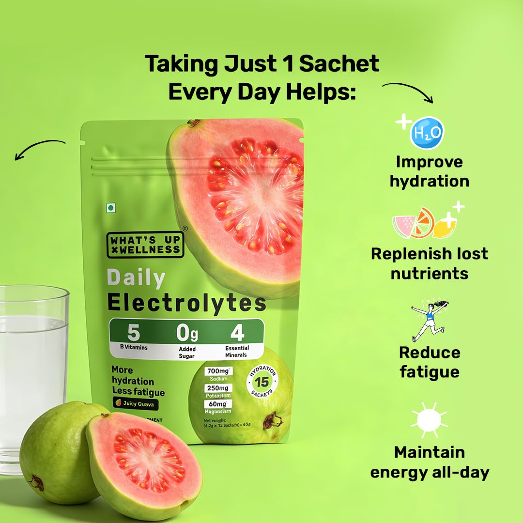 What's Up Wellness Daily Electrolytes Powder - Juicy Guava Flavour | Zero Added Sugar | Instant Hydration - Sodium, Potassium, Magnesium & Zinc | Vegan | 15 Sachets