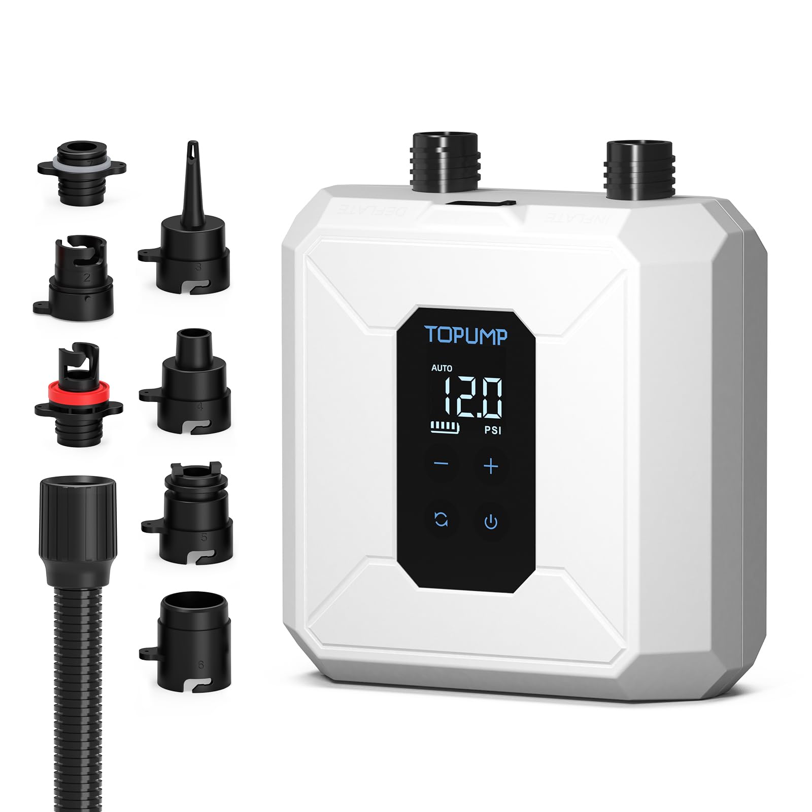 TOPUMP Pompa SUP Ricaricabile, 20PSI portatile senza fili | Doppio stadio, gonfiaggio e sgonfiaggio, spegnimento automatico, a batteria, 7 ugelli, per kayak, barche, tende
