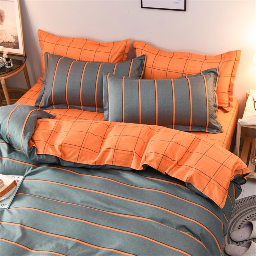 Bedding Set Copripiumino a Righe, 3 Pezzi, Reversibile, con a Quadri Arancioni neutri, Set di Biancheria da Letto Geometrica