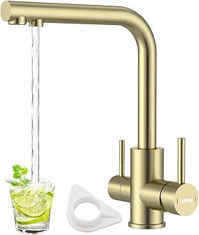 DAYONE Brushed Gold 3 Way Water Filter Tap, Triflow Drinking Water Tap, SUS304 Stainless Steel 360 Swivel Sink Mixer Tap, Dual Lever 3 in 1 Kitchen Sink Mixer, UK G1/2'' Kitchen Faucet