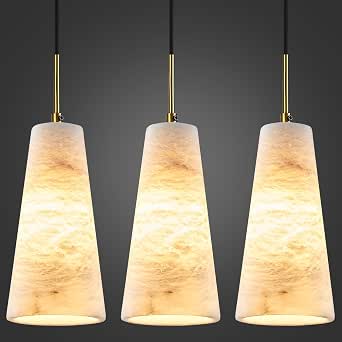 Natural Alabaster Pendant Lights Kitchen Island White Marble Conical Shade Modern Gold Ceiling Light Fixtures for Dining Room Table Living Room Bedroom Hallway (Included E12 Bulb,3-Pack)