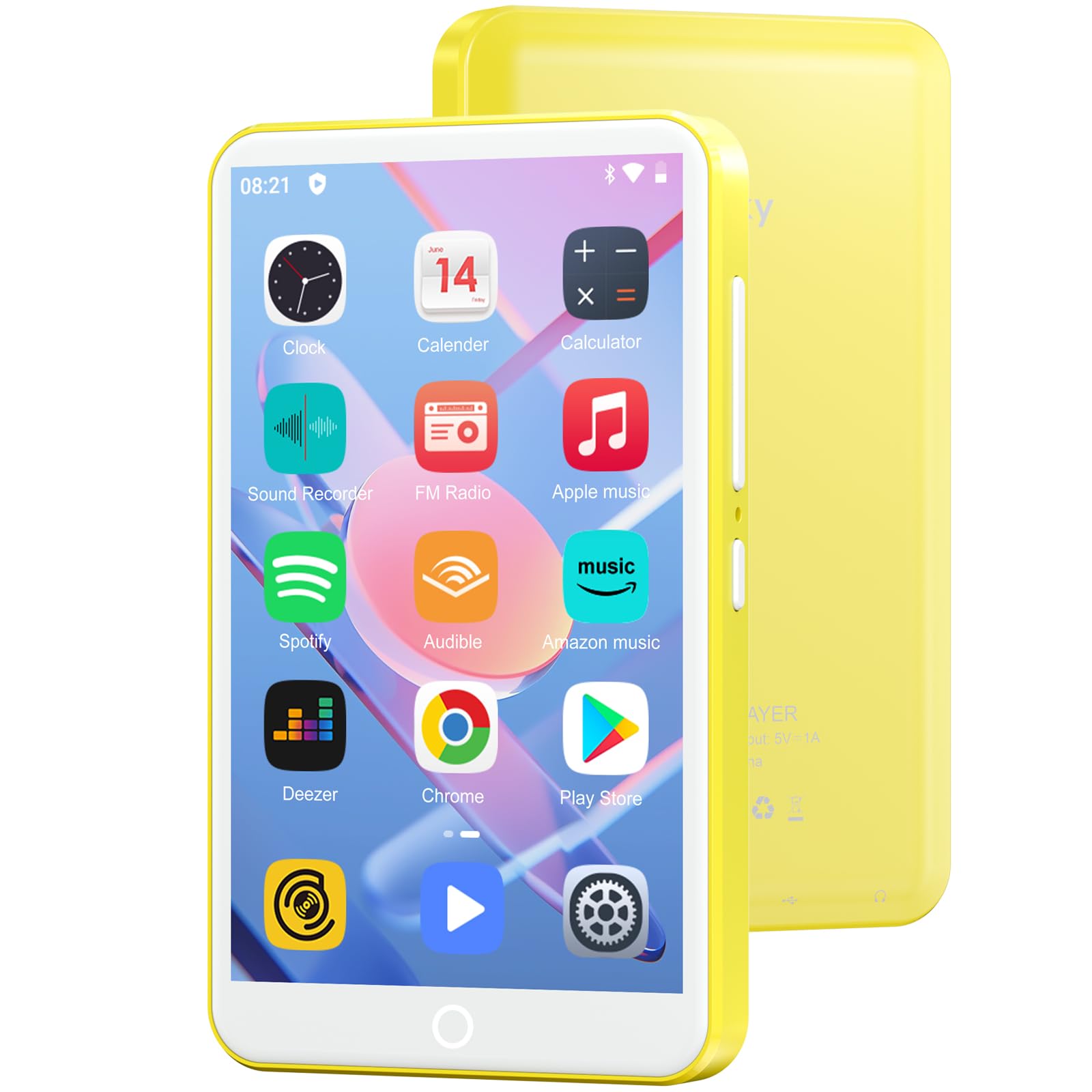 Lecteur MP3 avec Bluetooth et WiFi, Oilsky 80GB 4'' 1080P Lecteur MP4 à écran Tactile, Android 9.0, Lecteur MP3 Portable avec Spotify, Audible, Deezer (Jaune)