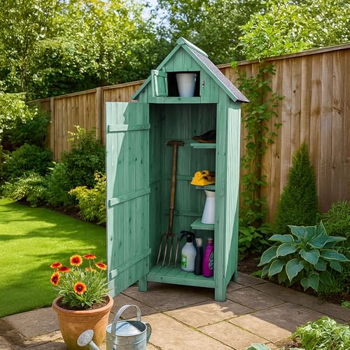 Airwave Outdoor Bideford Wooden Garden Tool Cabinet Shed, 3 Alternate Storage Spaces, Storage for Tools and Equipment, Wooden Latch (Green)