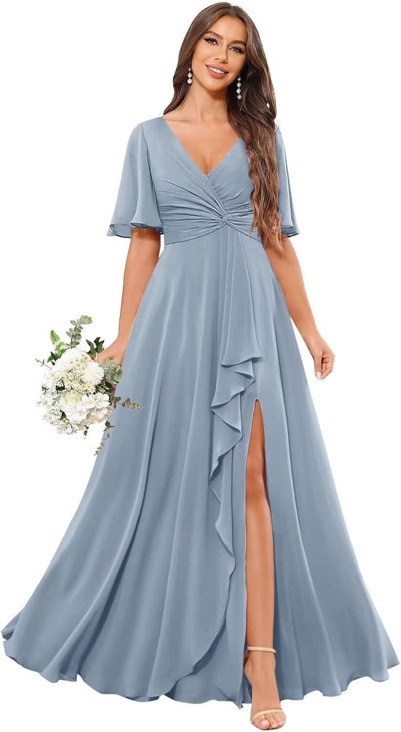 Short Sleeve Bridesmaid Dresses for Women Ruffle Chifon Formal Wedding Party Dress with Pockets