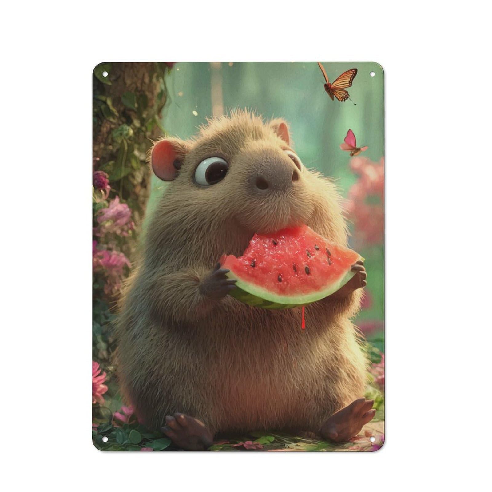 Junmoney Capybara Eating Watermelon In A Forest Tin Wall Plaque 40X30cm With For Kitchen Or Home Bar, Suited To Kitchen Decor Lovers