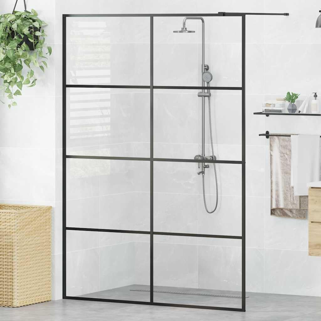 Mampara de ducha de cristal templado transparente de 140 x 195 cm, cristal de seguridad de 5 mm, perfil de aluminio negro, ajustable 1 cm, para ducha a pie, protección contra salpicaduras y