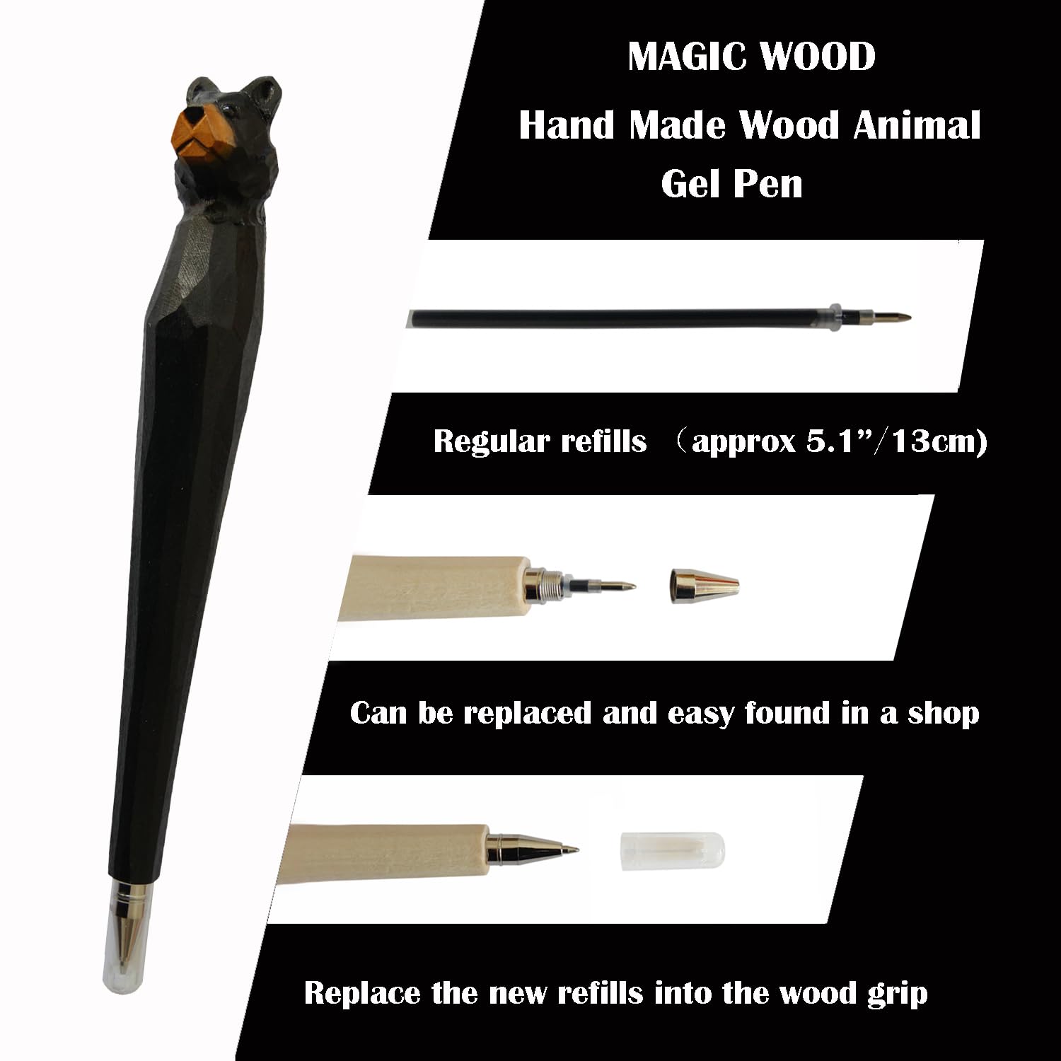 LongJT 2PCS Wood Carved Animal Gel Pen 100% Handmade and handpaited Cute Stationary Supply Office Supply Fun Novelty Writing Pen Unique Gift for Animal (Black Bear)