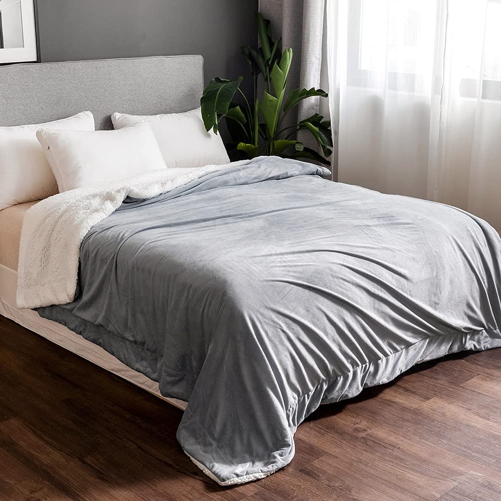 Qomfy Grey Sherpa Teddy Lush [K] Super Soft Blanket Faux Fur Shaggy With Crystal Fleece At Back Cosy Fuzzy Throws Warm Solid For Sofa Couch & Bed Décor Double Ply Reversible (King 240X200cm, )