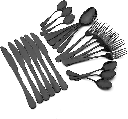 Miniatura 7 de Juego de cubiertos negros de espejo de 24 piezas con estante de almacenamiento, juego de cubiertos de acero inoxidable con mango colgante y mango