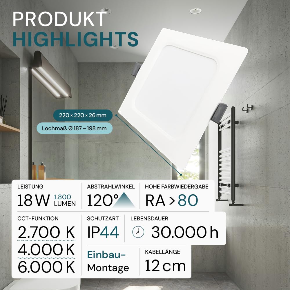 LUXULA LED Einbauleuchte eckig Weiß, 6 Stück 220x26mm, 18W 1800lm, IP44 Einbaustrahler flach CCT 2700K 4000K 6000K einstellbar, LED Deckenstrahler Einbauleuchte 230V Bad, Küche & Innenräume