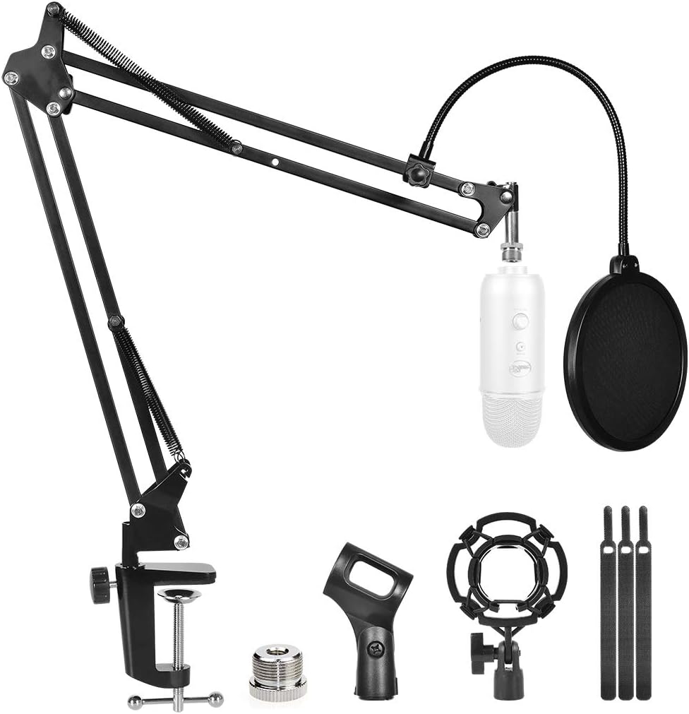 Desktop Microphone Arm Stand for Blue Yeti Snowball Ice Suspension Boom Scissor with Mic Filter, Mic Clip,Shock Mount, Adjustable Mic Boom Scissor Arm Stands,Radio Broadcasting and Recording