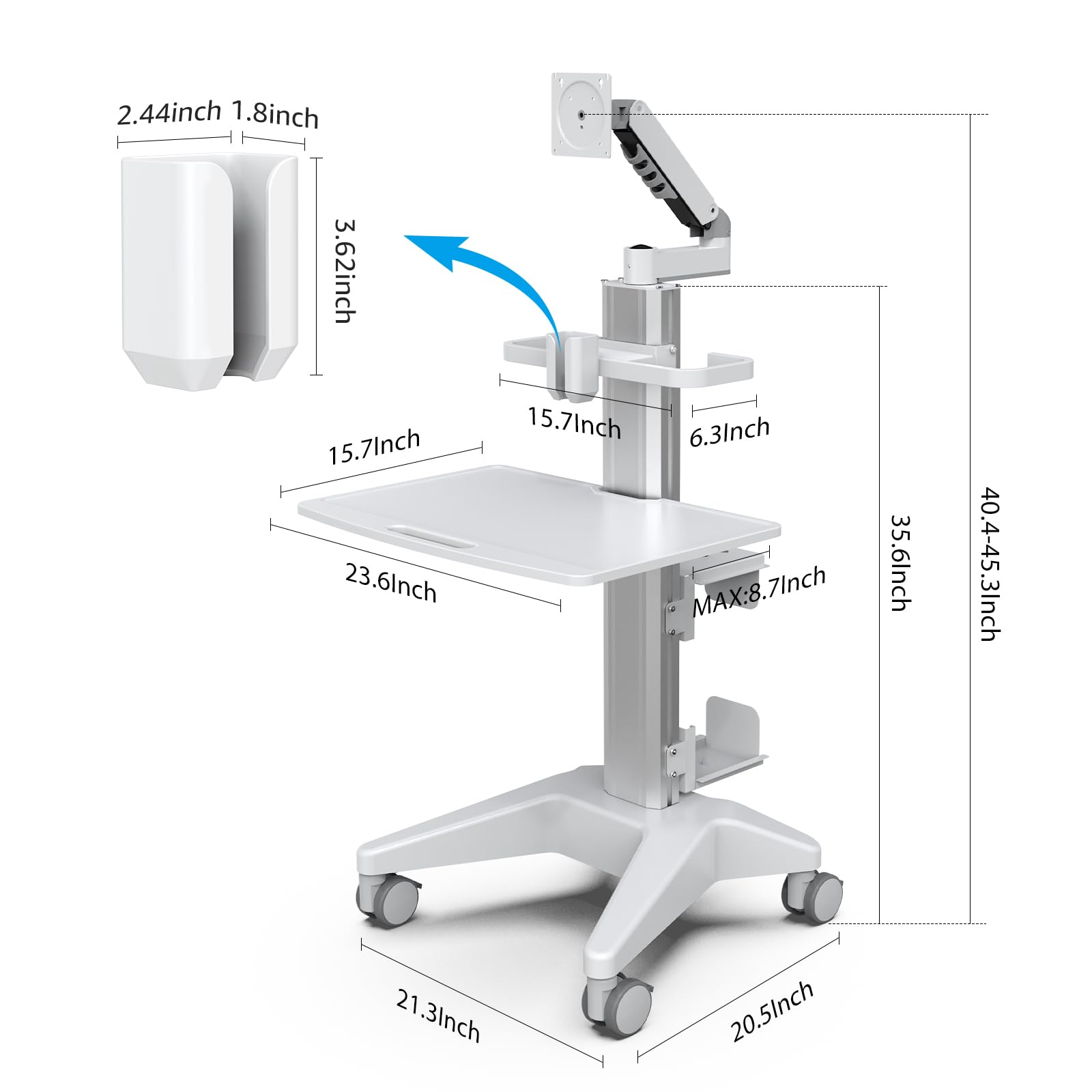 BEWISER Medizinischer Rollwagen Monitor Halterung Mobiles Podium, Mobiler Laptopwagen Robuste Basis, Computertisch Trolley für Zahnklinik, Krankenpflege,PC Workstation