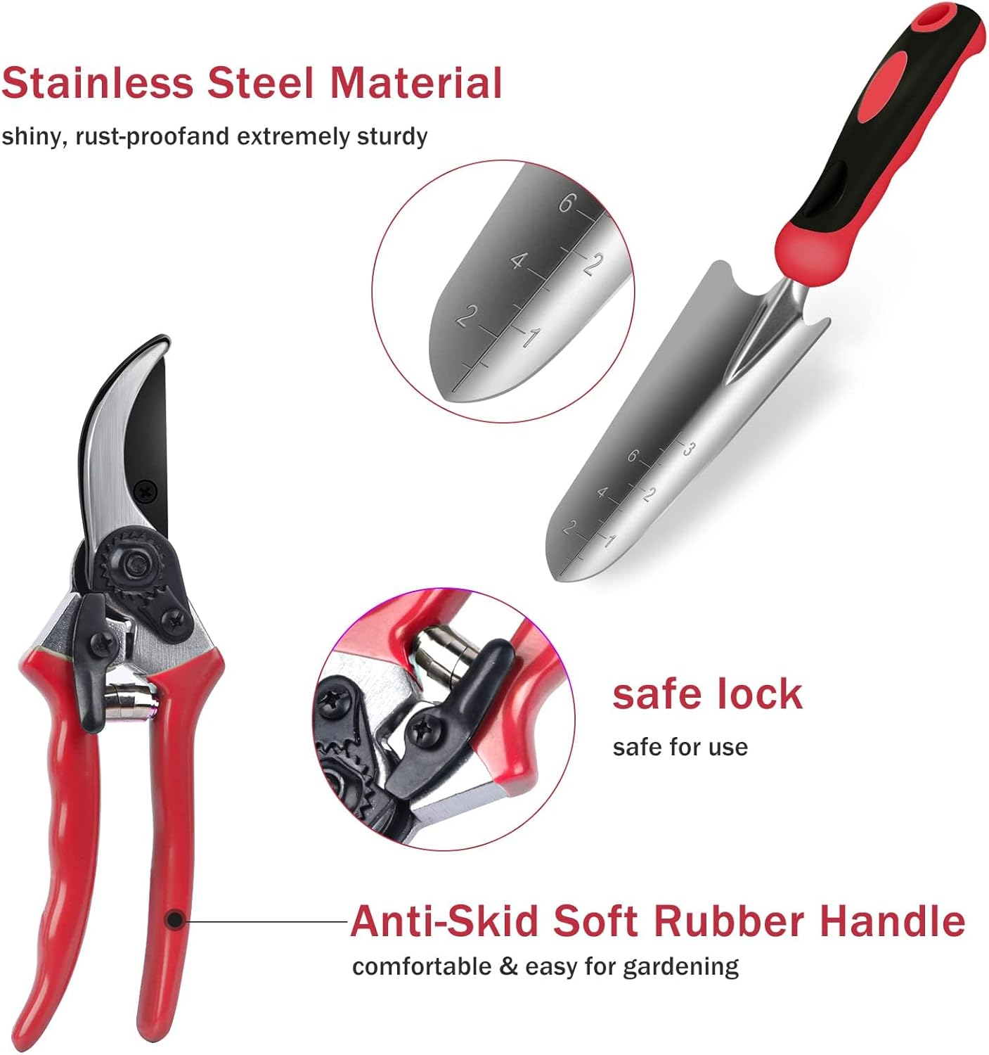 Red Gardening Tools, WisaKey 9 Piece Stainless Steel Heavy Duty Garden Tools with Non-Slip Ergonomic Handle, Garden Tote Bag, Garden kit, Gardening Gifts for Women Mothers