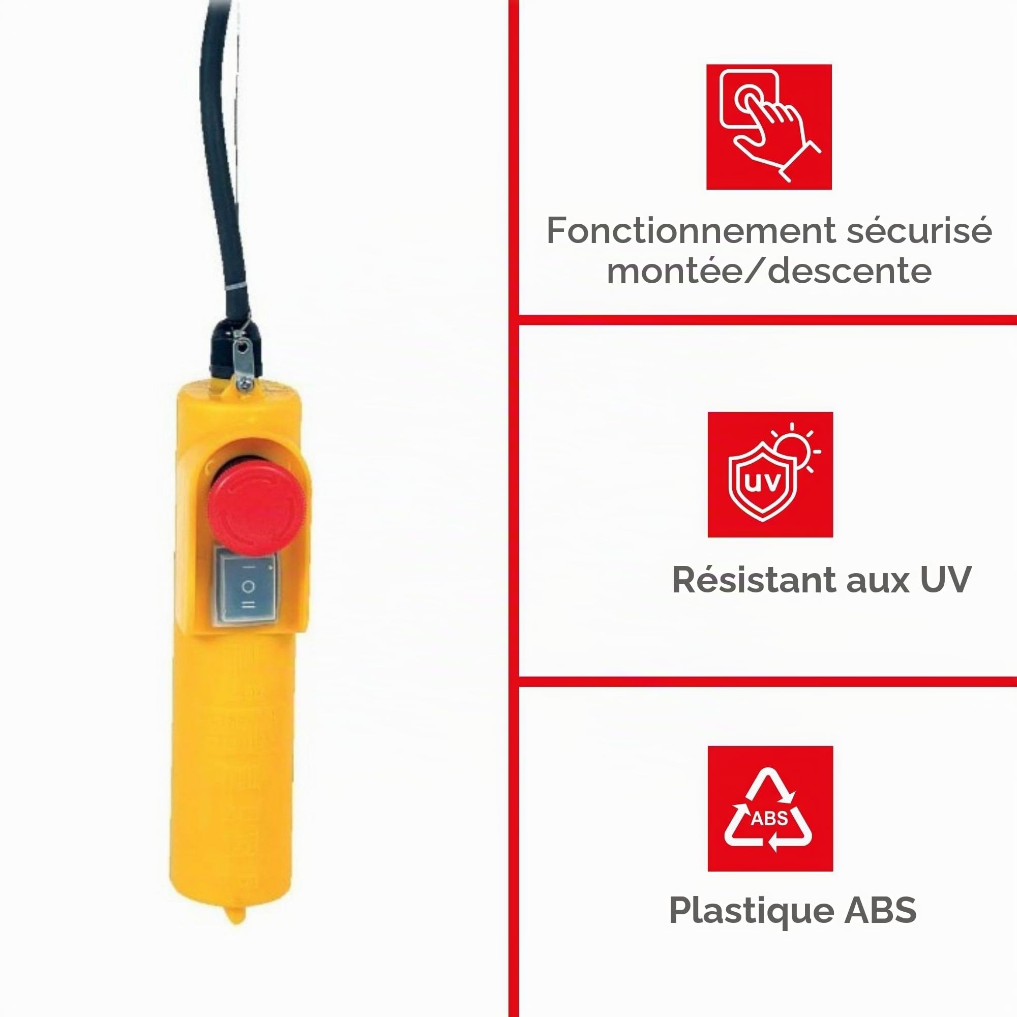 Toolland Télécommande treuil électrique 230V, Commande Filaire treuil avec câble de 1,5m et Bouton d'arrêt d'urgence, pour treuils électriques, grues pivotantes et treuils Mobiles, Hauteur de Levage