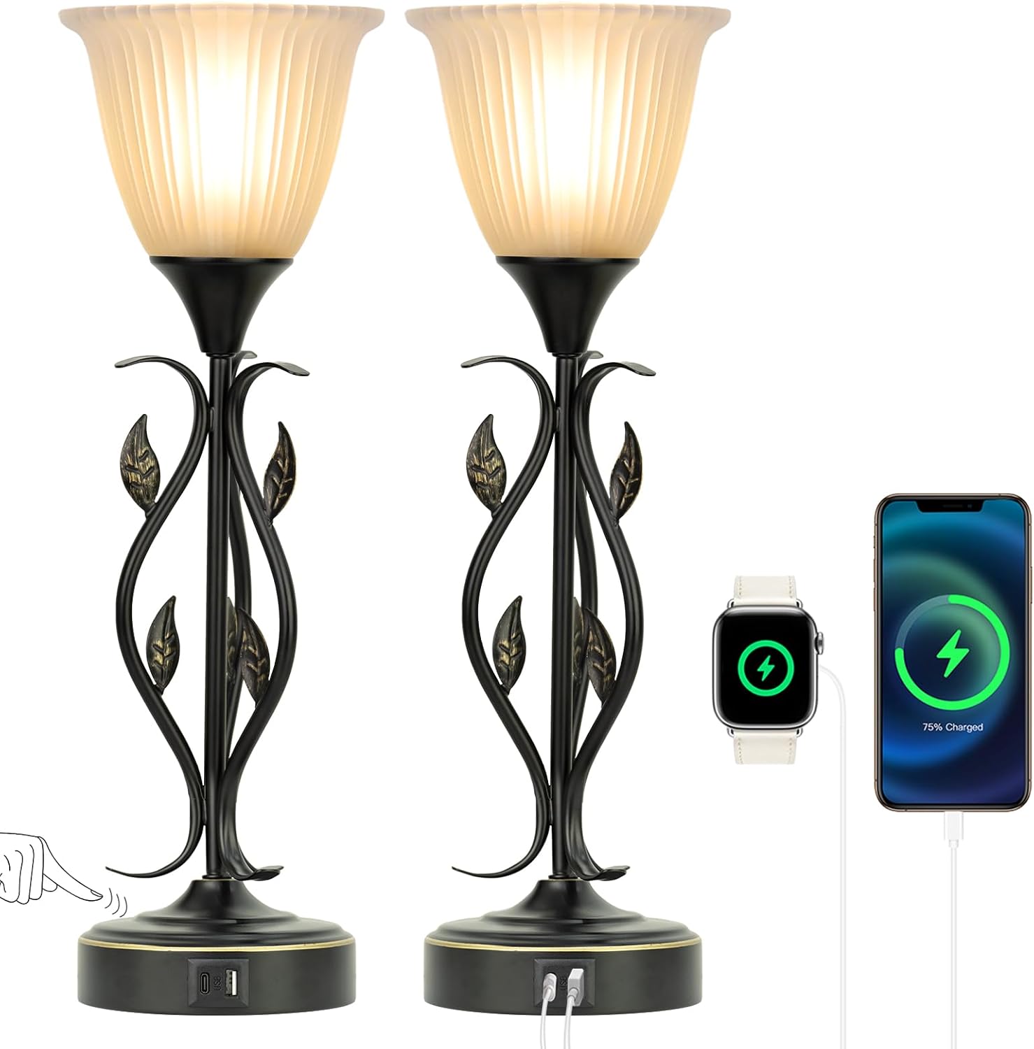 Set of 2 Touch Control Table Lamps, 3-Way Dimmable Torchiere Bedside Lamps with Dual USB Charging Ports, Leaf Body and Glass Shade Retro Lamps for Living Room, Bedroom, LED Bulb Included