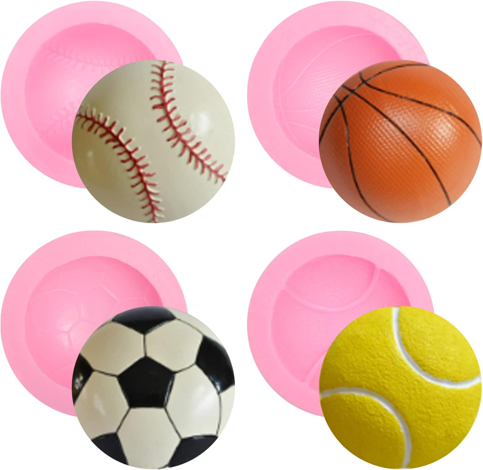 Football Silicone Mold 4 Pcs, Baseball Basketball Tennis Chocolate Fondant Mold for Cake Decoration, Candy Sugar, Cupcake Topper, Sports Themed Birthday Party, Polymer Clay Crafts Ball Mold