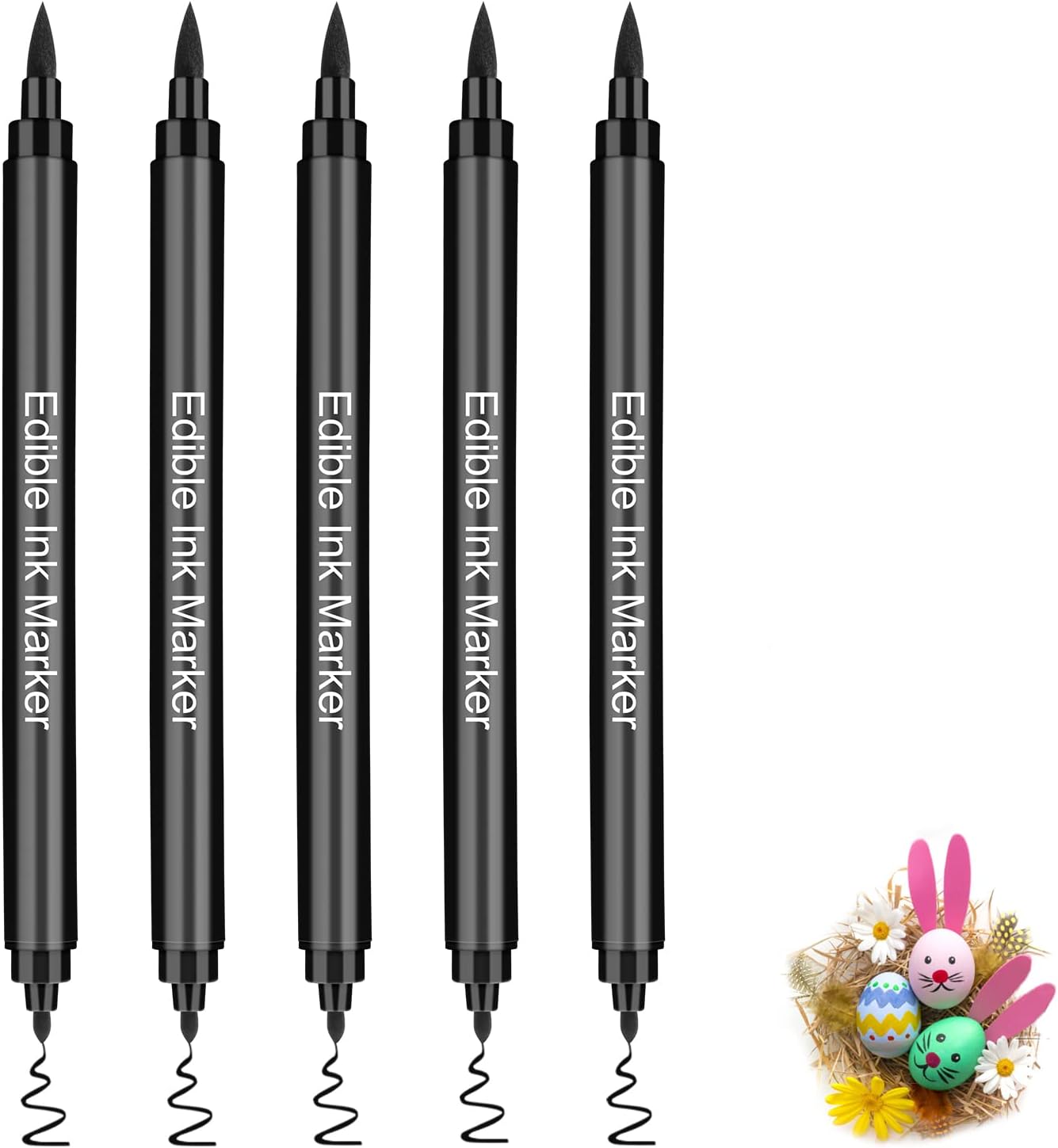 Food Coloring Pens, 5Pcs Black Double Sided Edible Food Coloring Markers with Fine and Thick Tip, Food Grade Gourmet Writers for DIY Cake Decorating, Cookies, Frosting, Fondant, Easter Eggs