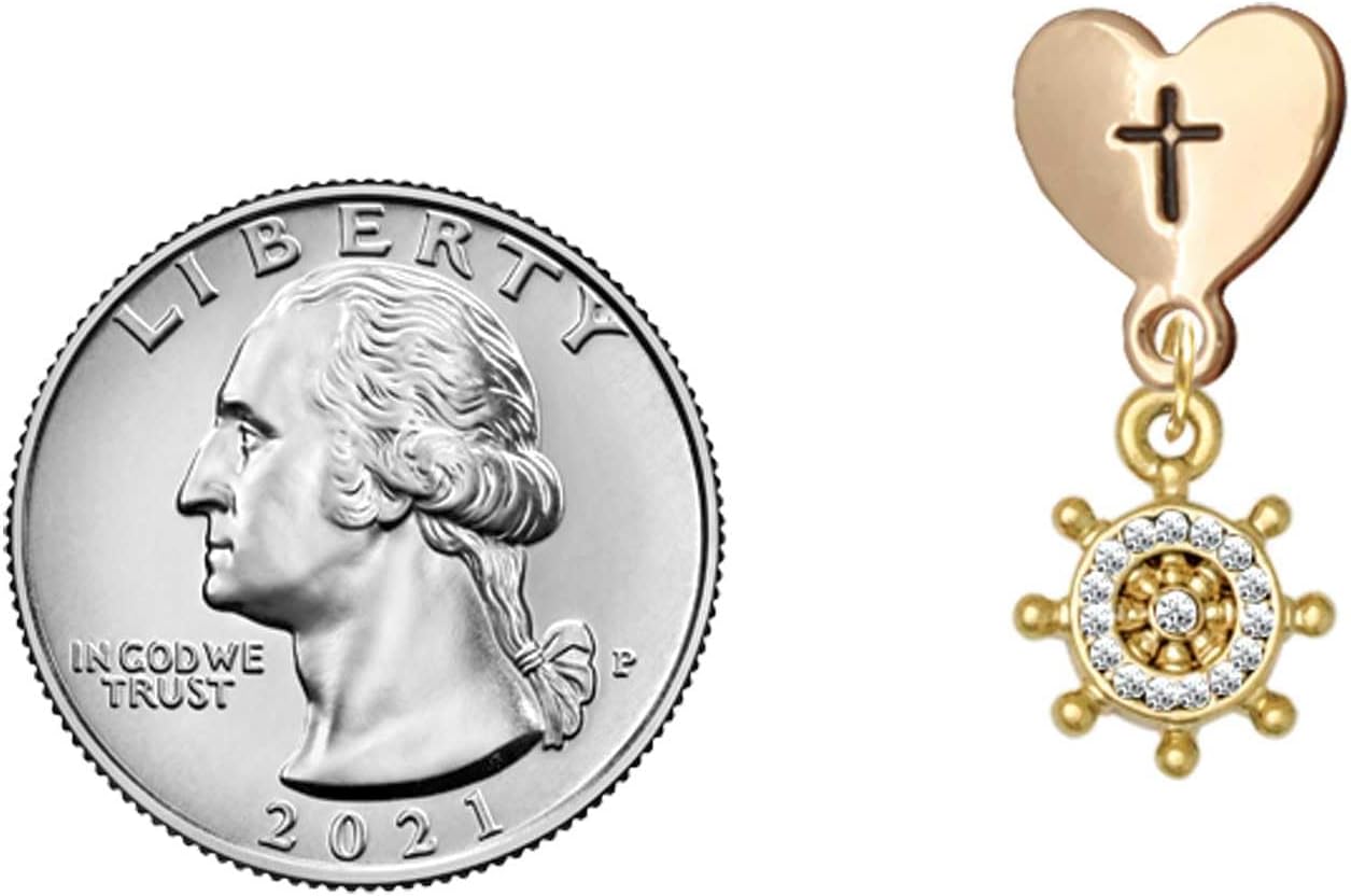 Delight Jewelry Plated Mini Crystal Ship Wheel - Navigation Plated Cross in Heart Post Dangle Earrings