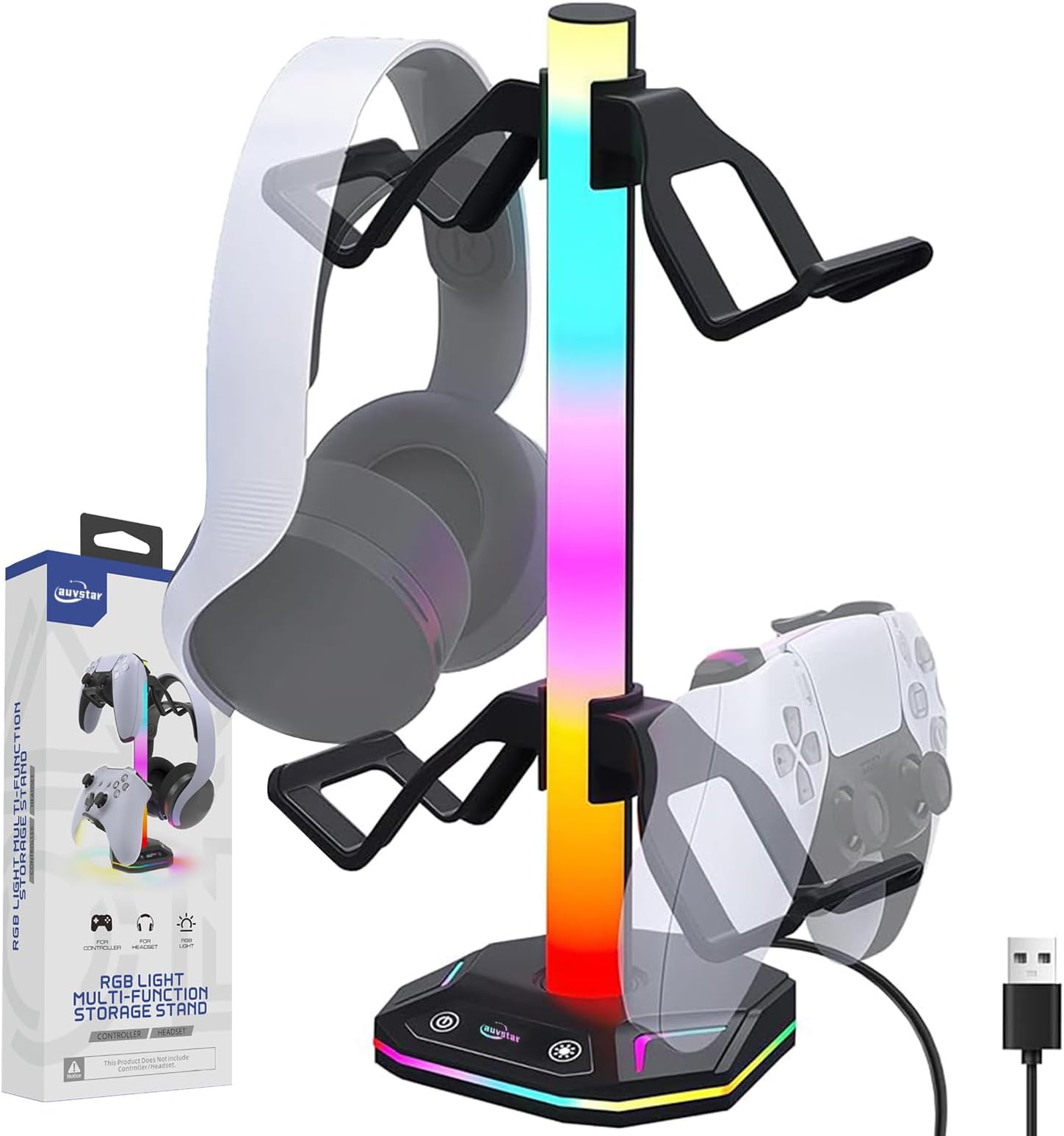 RGB Headphone Stand, Gaming Desk Accessories, 10 Lighting Modes, Usb Type-C Data Transfer and Device Connection Charging, Suitable for All Headsets Controller Stand (Black)