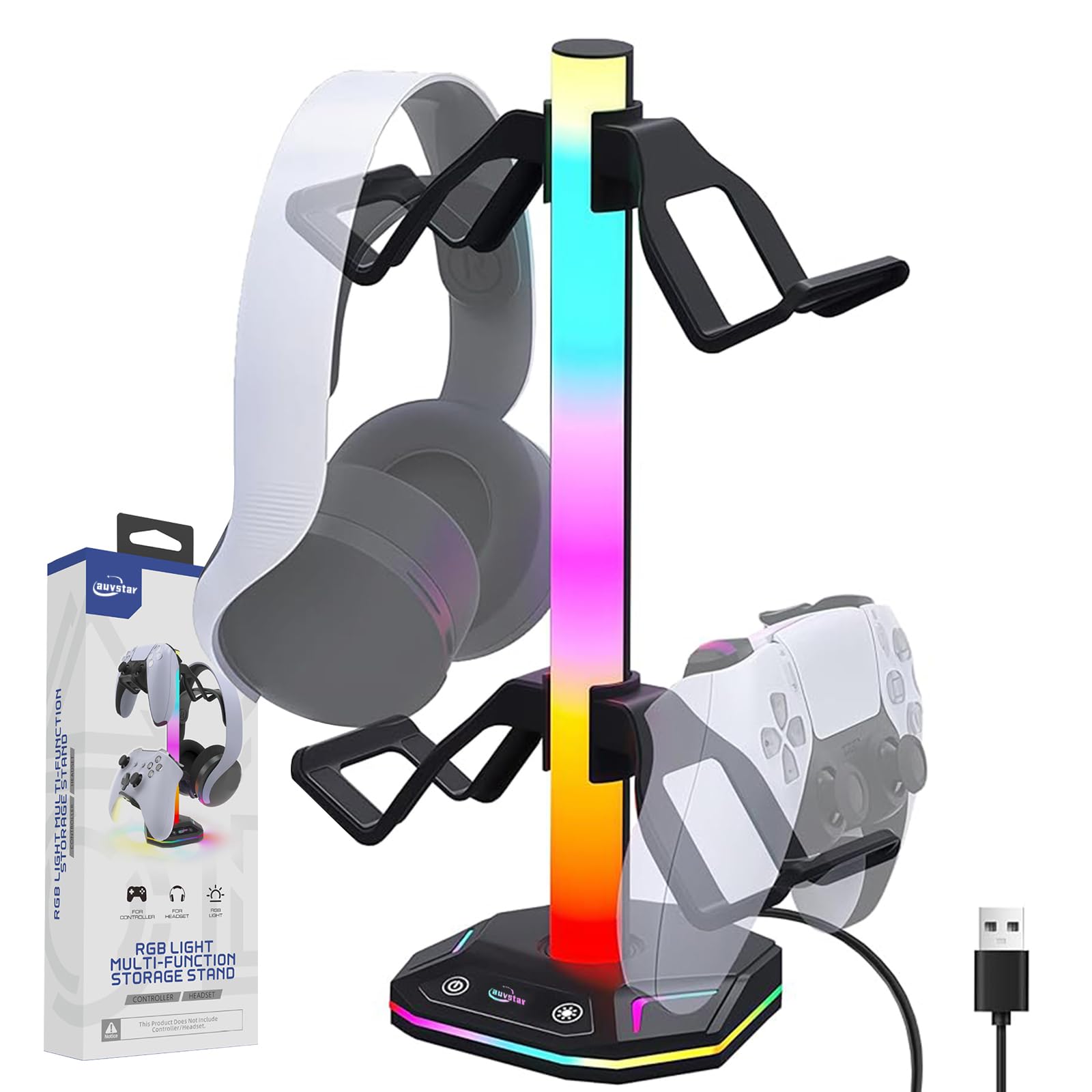 auvstar RGB Headset Holder, Gaming Headphone Stand, 10 Lighting Modes, USB Type-C Data Transfer and Device Connection Charging, Suitable for All Headset Game Controllers (Black)