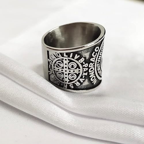 Miniatura 6 de Anillo de banda de exorcismo de San Benito para hombres y mujeres, anillo de protección cruzada cristiana de San Jesús, anillo de exorcismo