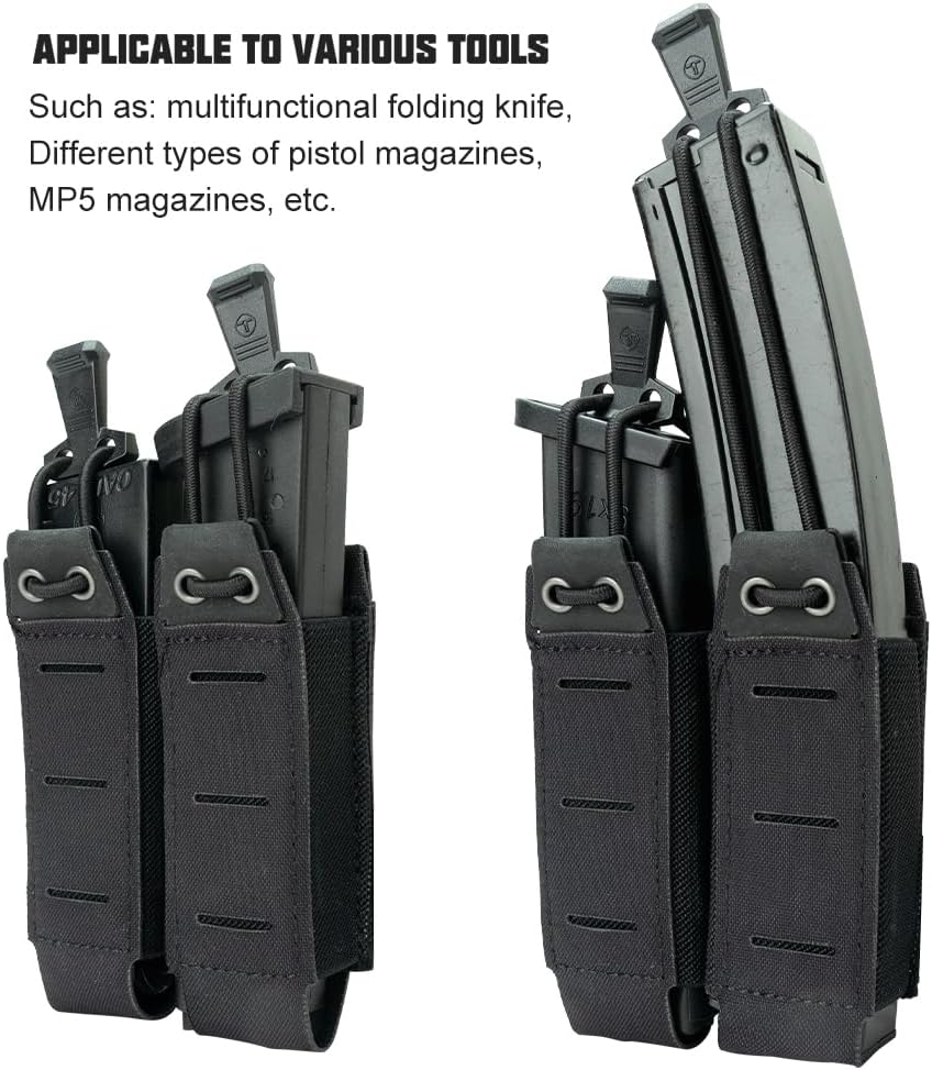 Double 9mm Pistol Mag Pouches MOLLE Magazine Holder Utility Holster Pouch with Elastic Side Anti Slip Loop Panel