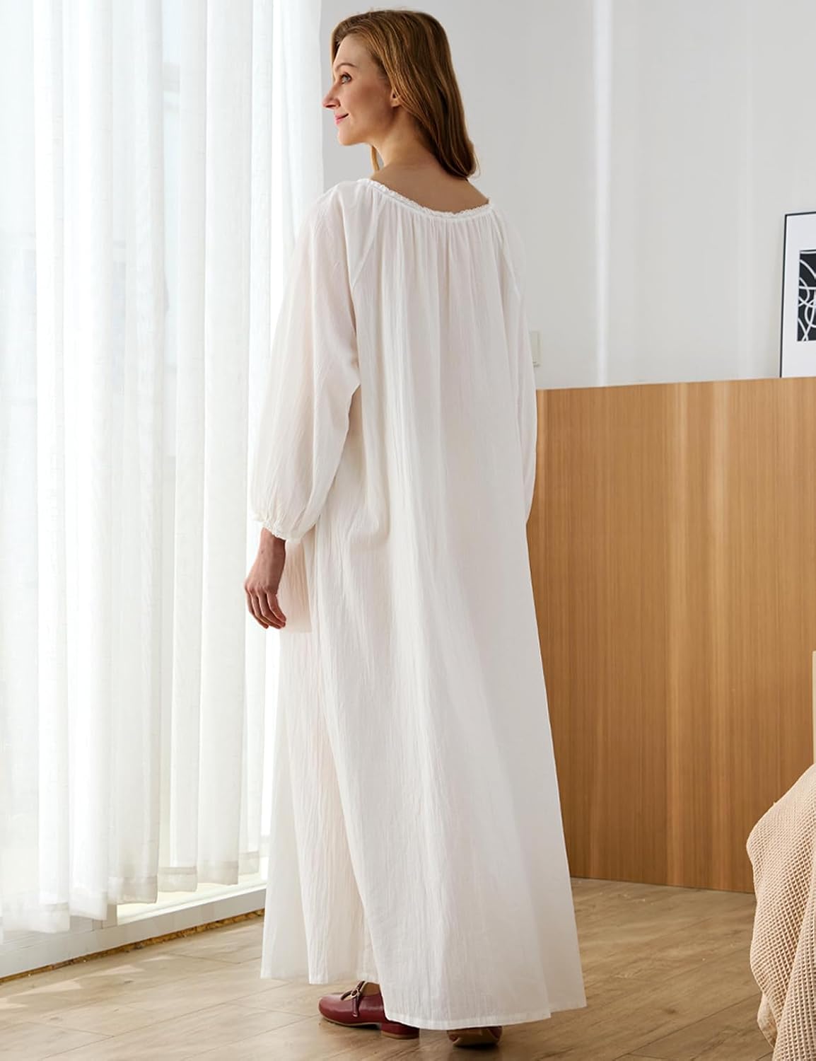 Victorian Crepe Cotton Nightgown for Women Long Sleeve Maxi Sleep Dress with Lace Trim Slightly Transparent