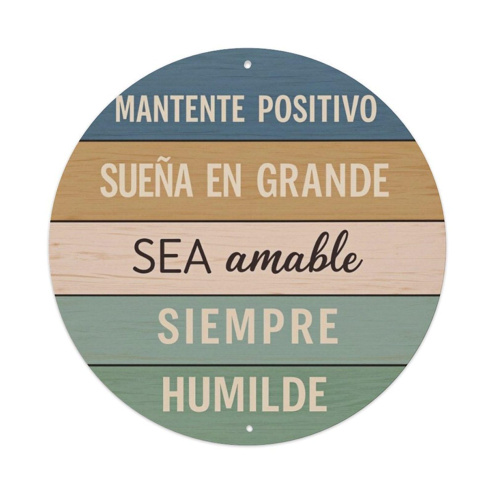 Color Block Wood Spanish Positive Inspirational Round Sign Vintage Aluminium Metal Sign, Retro Wall Decor for Home, Bar, Garage & Farmhouse 20x20cm