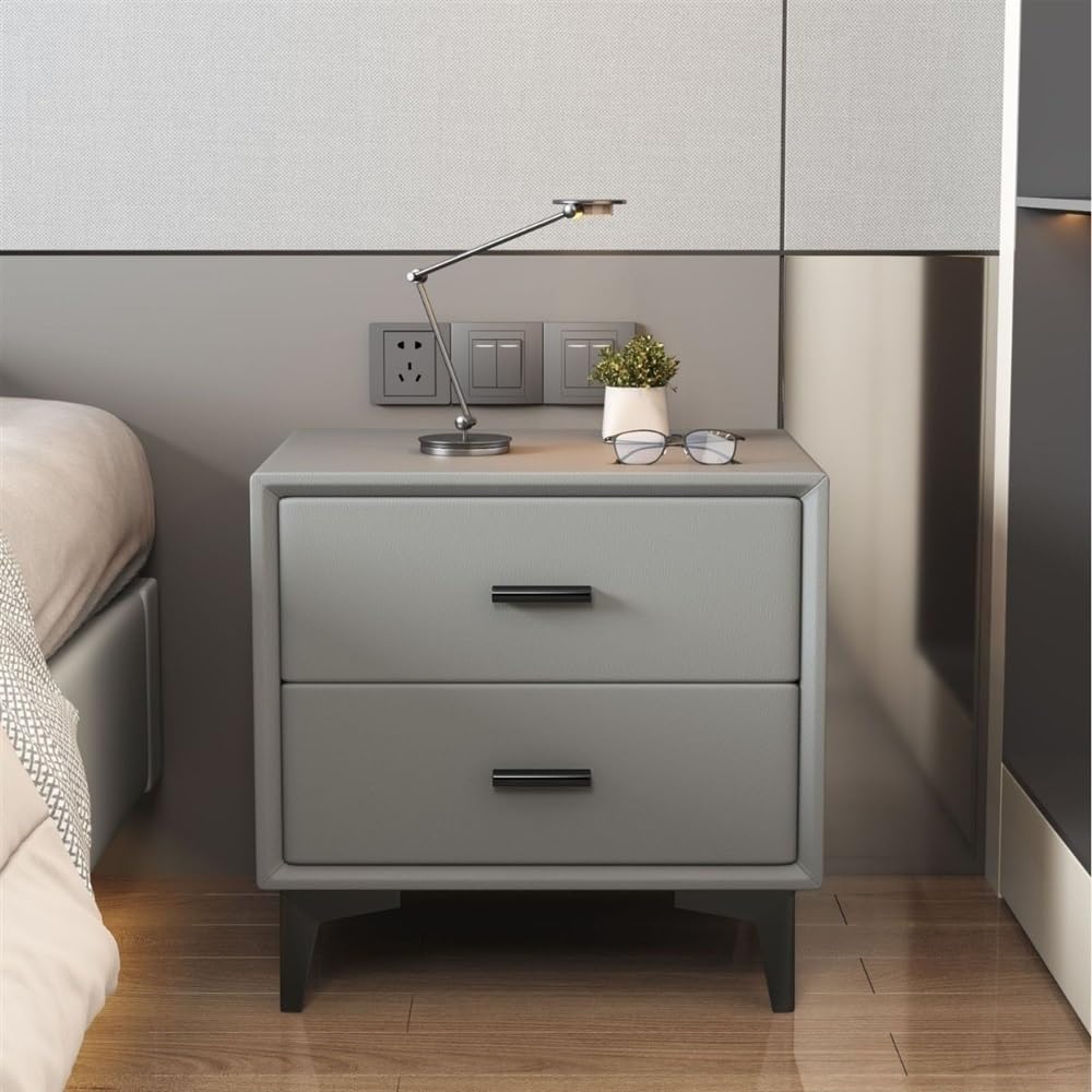 Armoire de chevet moderne grise 45x40x45cm avec pieds en cuir